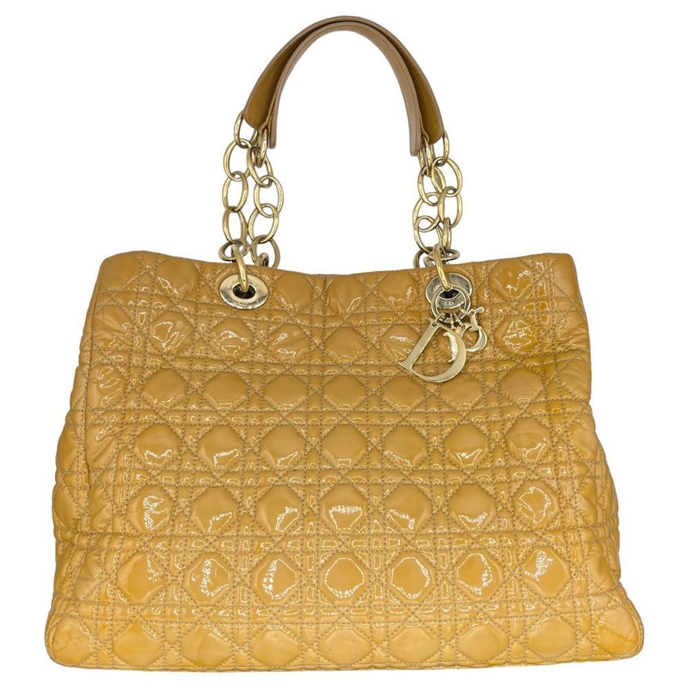 Christian Dior Cannage Yellow Beige Patent Leather Medium Soft Shopping Tote